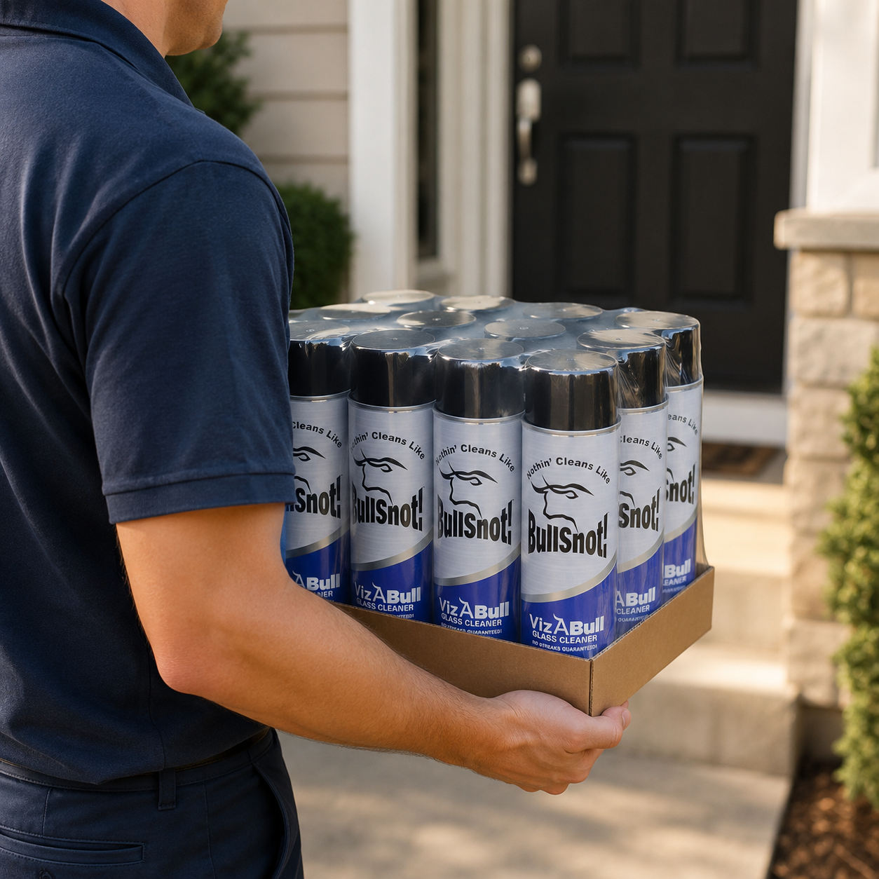 A case of VizABull glass cleaner delivered to a front door