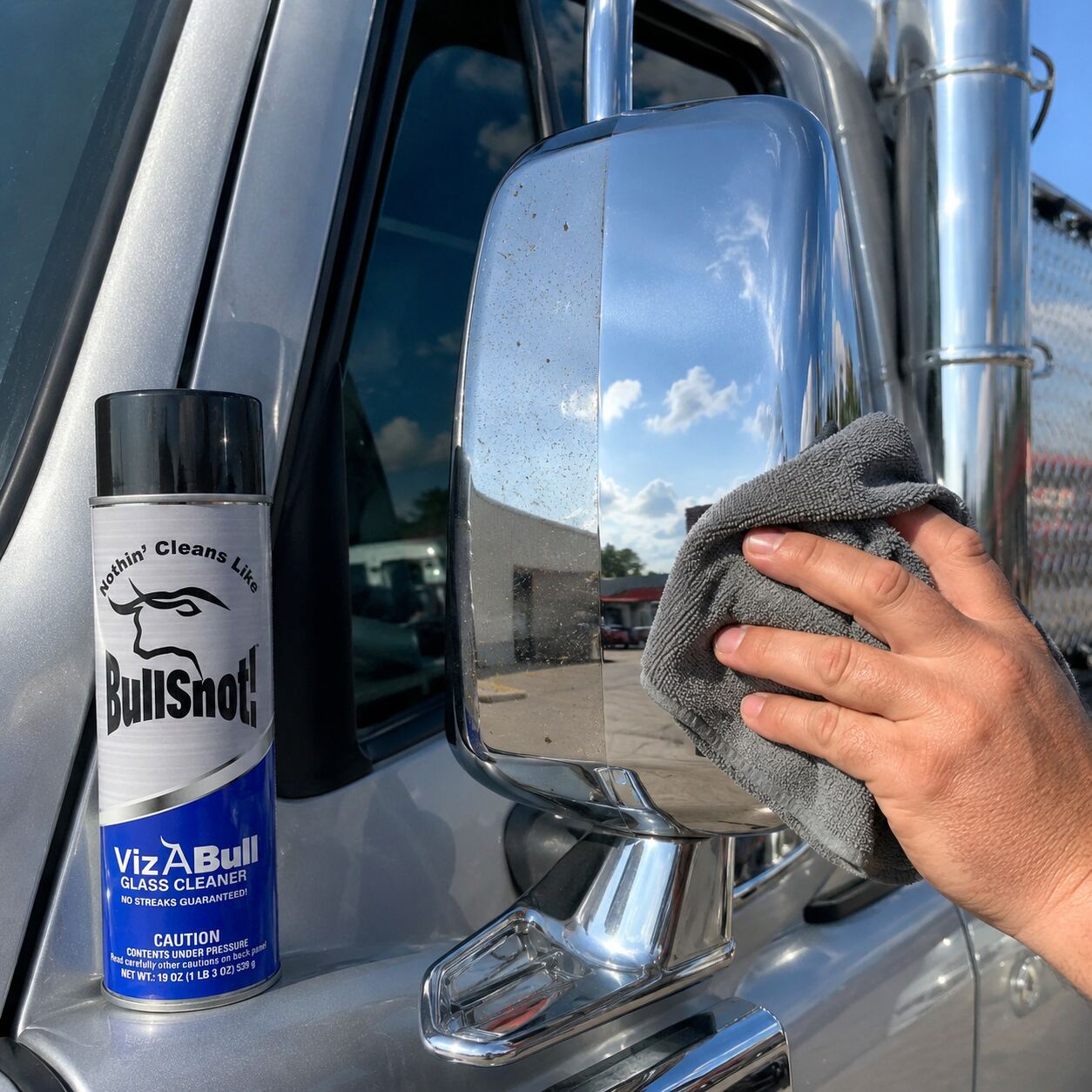 Cleaning a chrome truck mirror