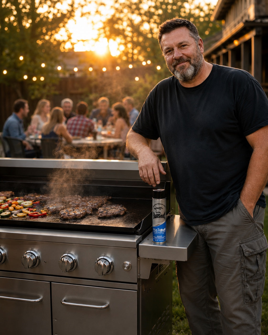 Proud owner at his gleaming grill