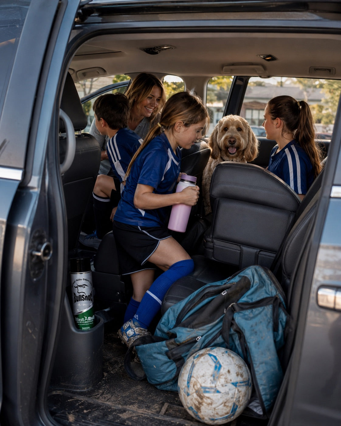 the car: kids + dog pile in