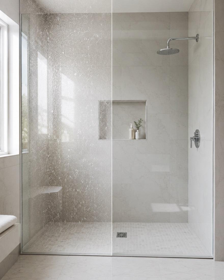 Shower glass with soap film and water spots on the left and streak-free clarity on the right