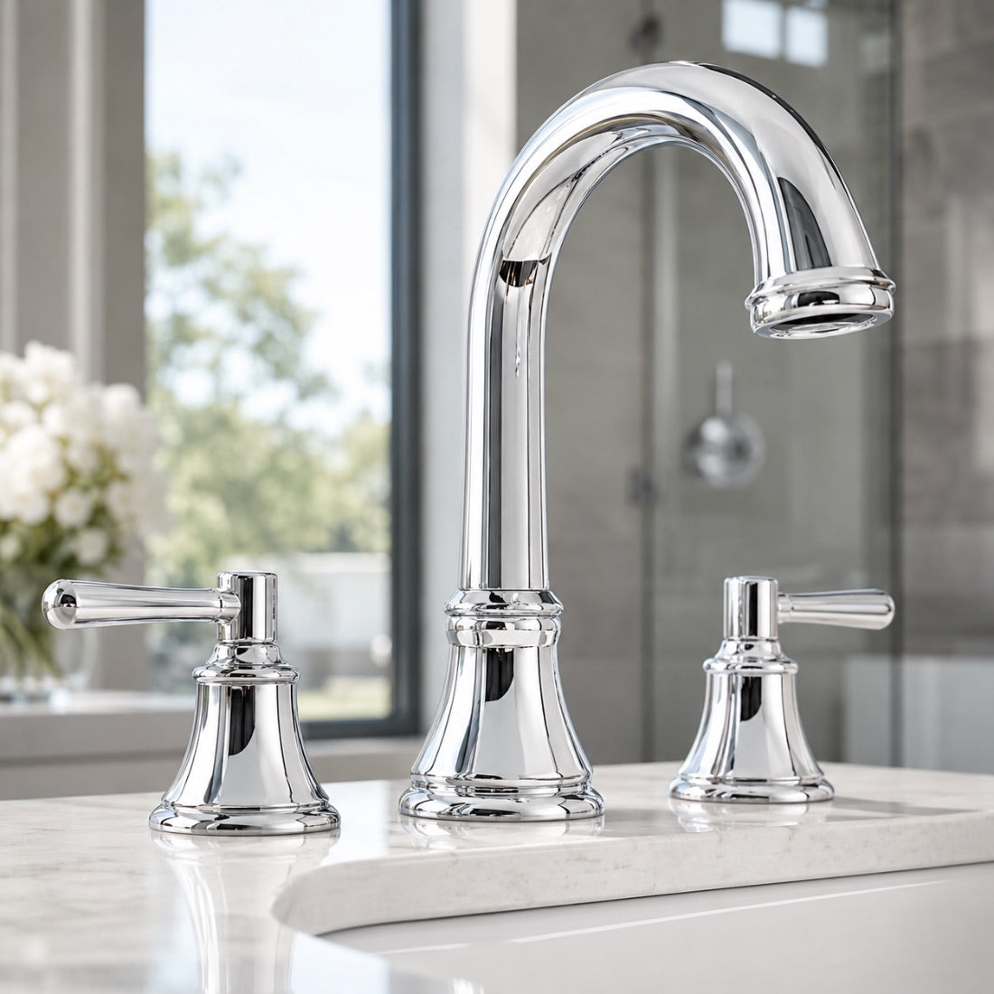 A gleaming, spot-free chrome bathroom faucet