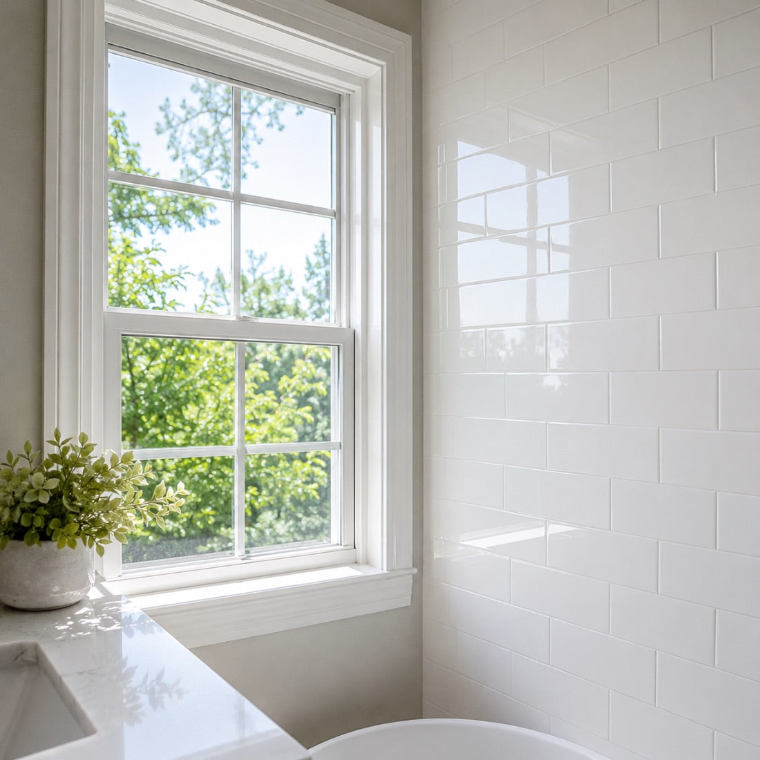 Clean white tile and a bright bathroom window