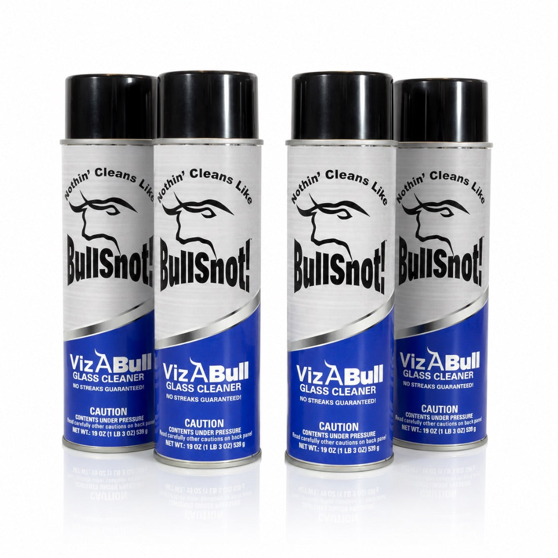 A 4-pack of VizABull glass cleaner cans