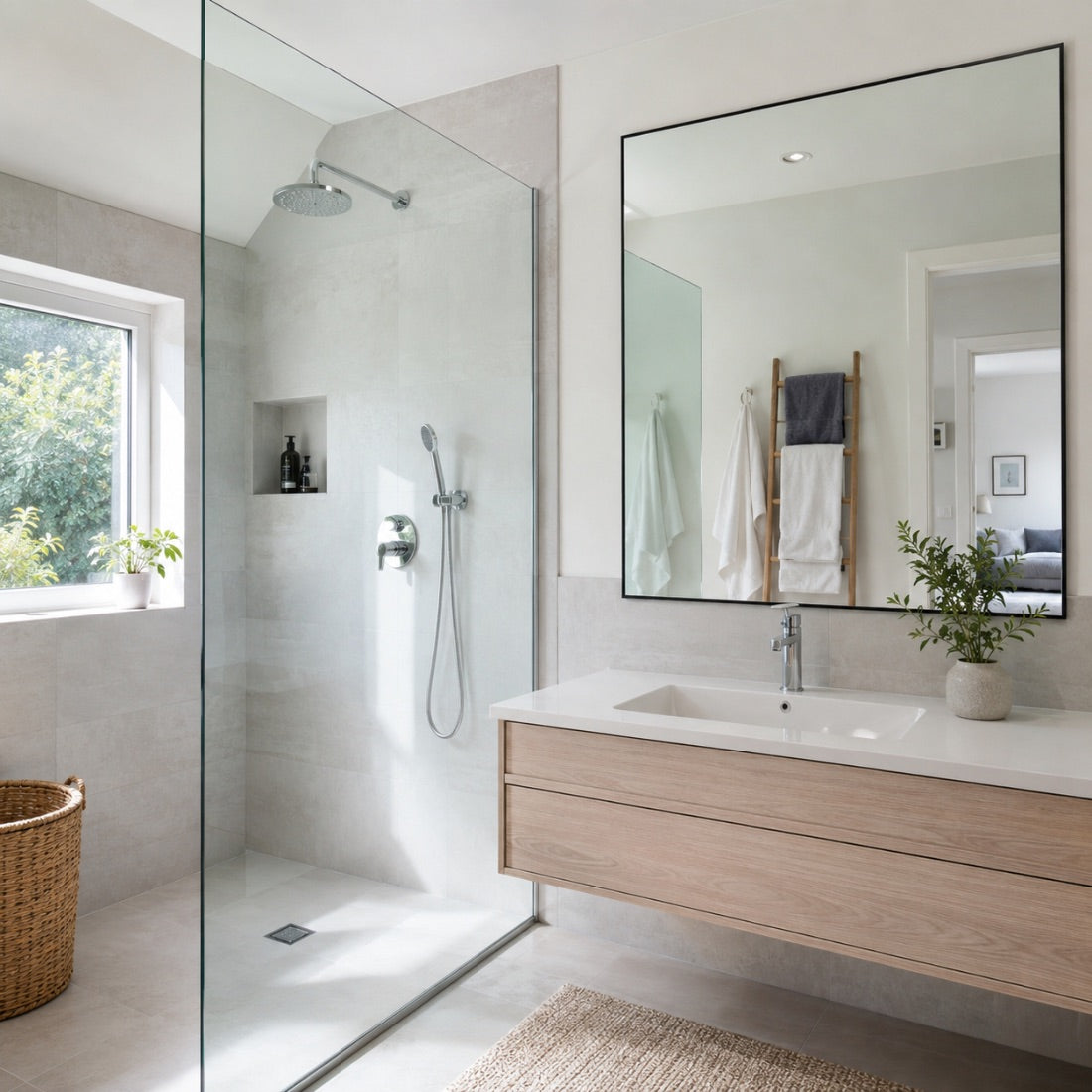 A clean, bright modern bathroom with clear glass and light coming through