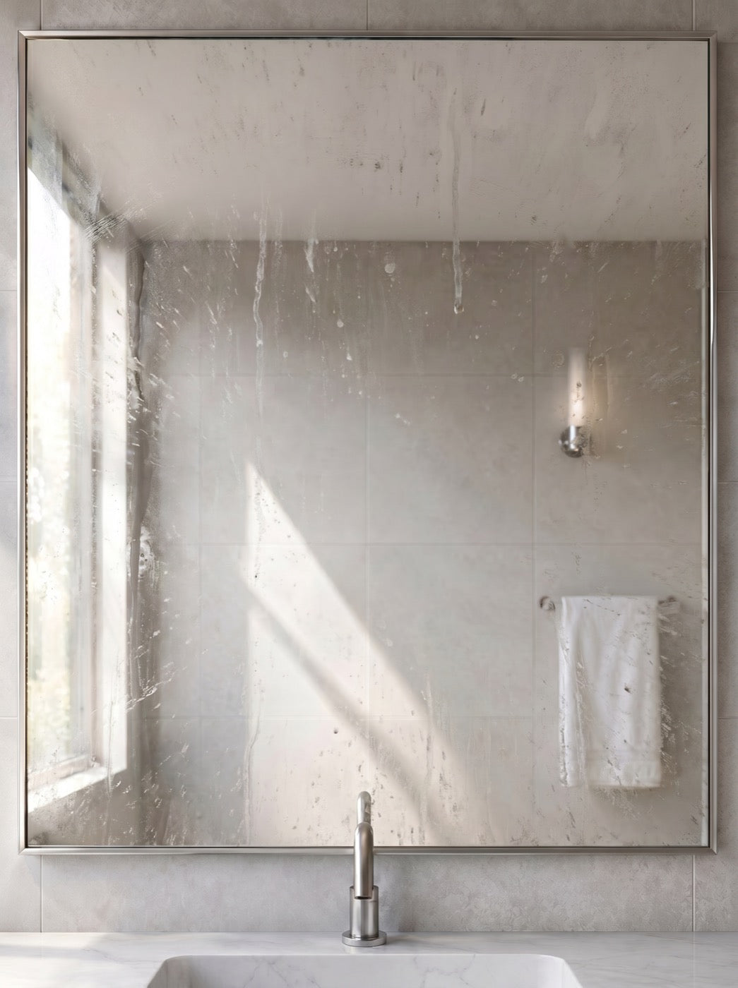 The same bathroom mirror, streaky and filmed before cleaning