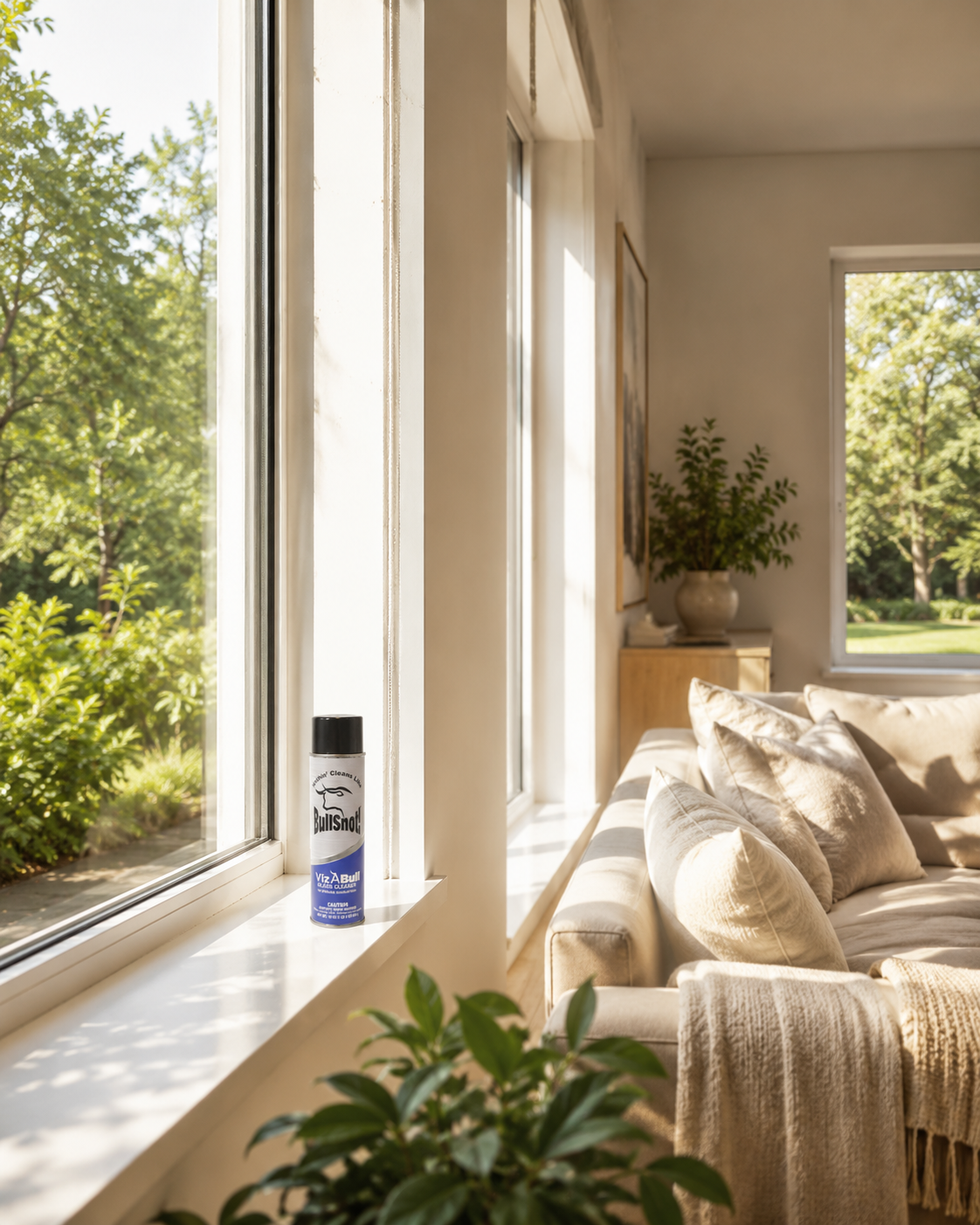 A bright room with crystal-clear windows and the can on the sill