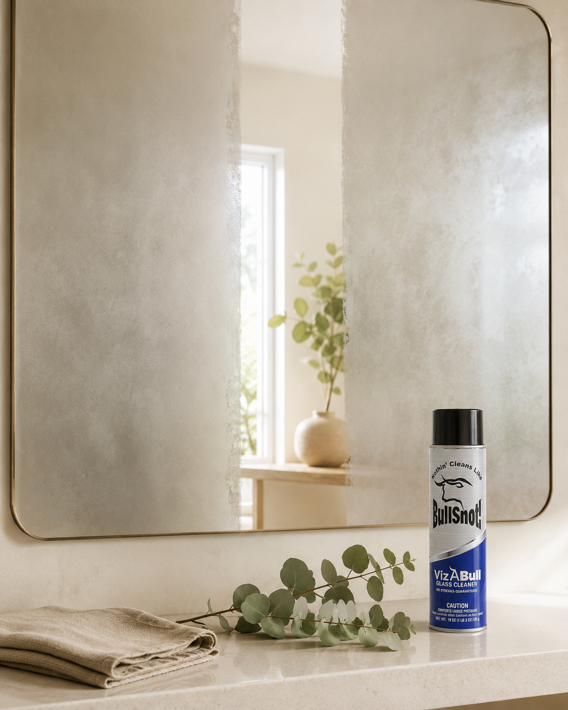 Foggy mirror with one clean wiped stripe revealing a sharp reflection