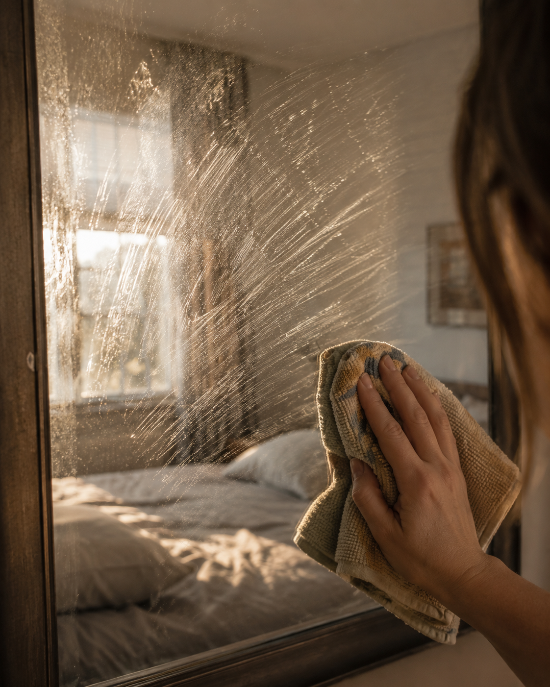 Wiping a streaky, hazy window with a cloth