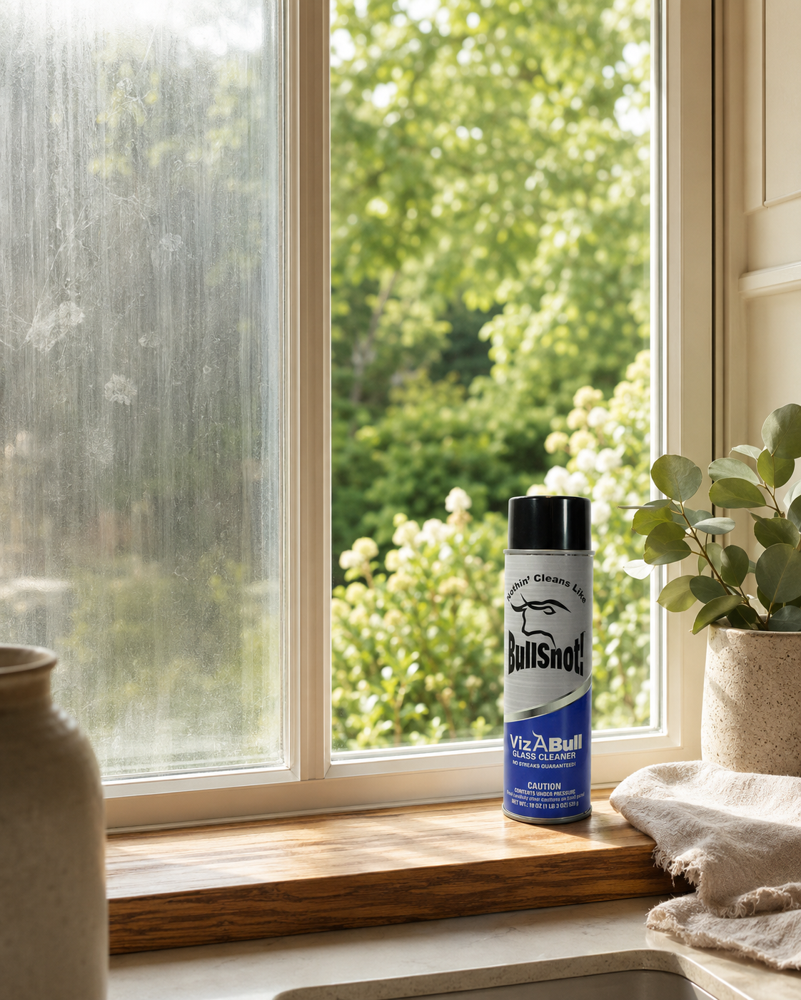 Streak-free window in bright daylight with a clear garden view