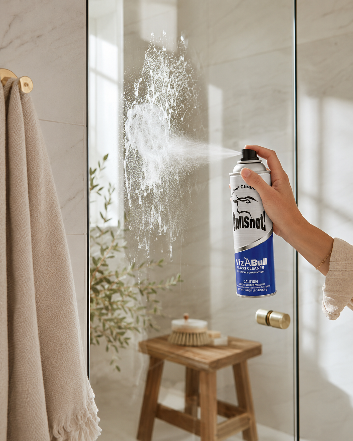 VizABull cleaning a glass shower door