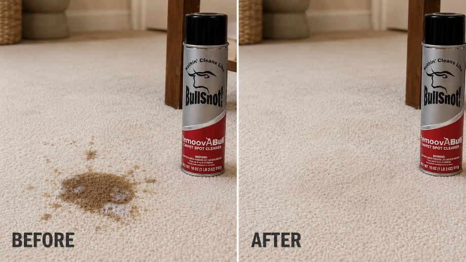 The same carpet before and after: a dark set-in stain on the left, clean carpet on the right