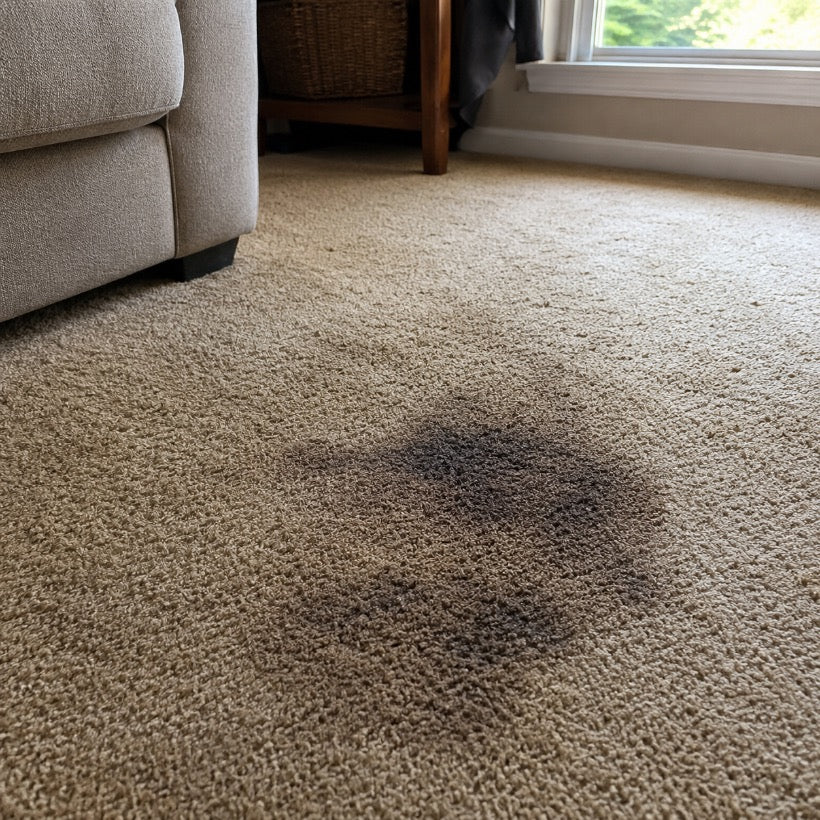 An old, dark, set-in stain on living-room carpet beside a couch