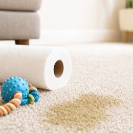 A pet urine stain on carpet beside a paper towel roll