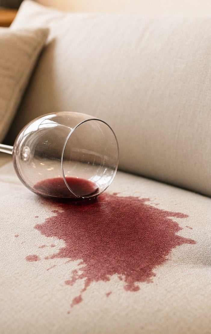 A red wine spill on a cream sofa cushion