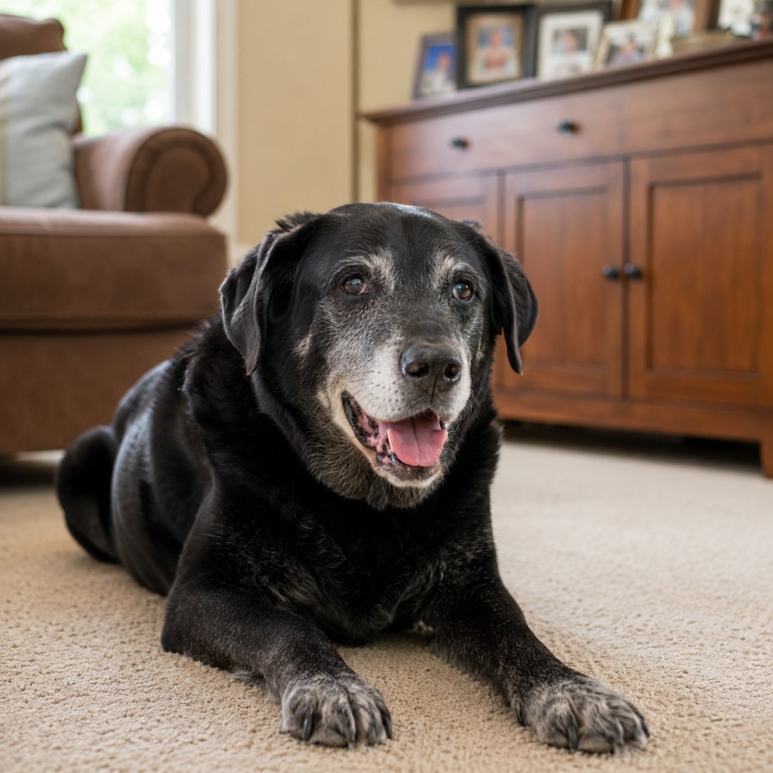 A contented senior dog at home on clean carpet