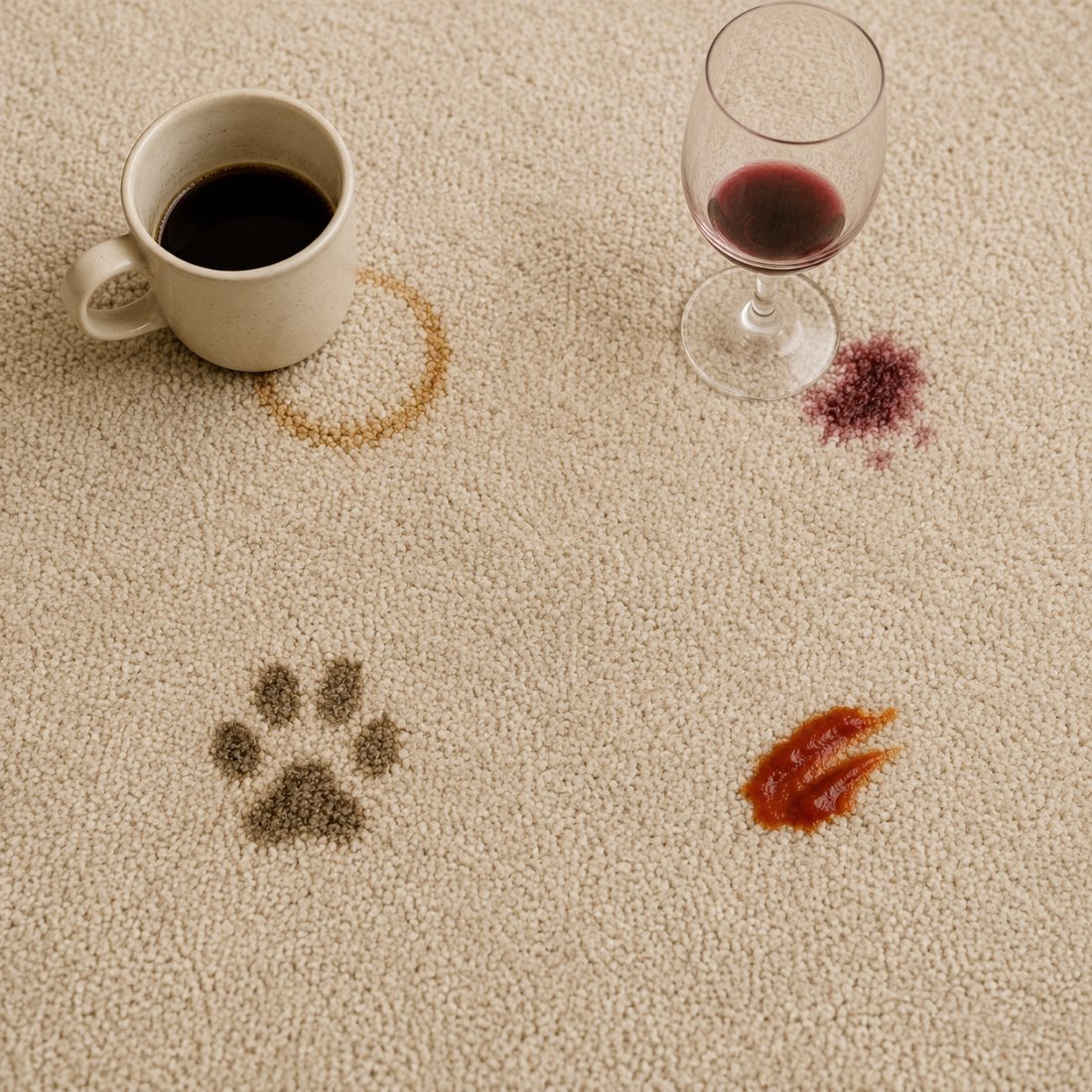 Common carpet stains: coffee, wine, paw prints, sauce