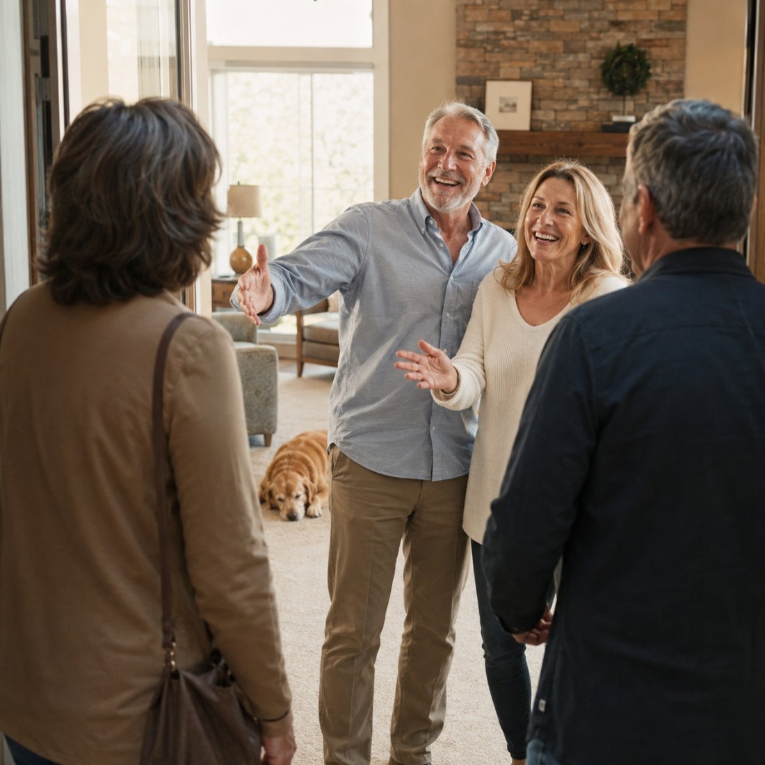 An older couple welcoming friends into a clean home