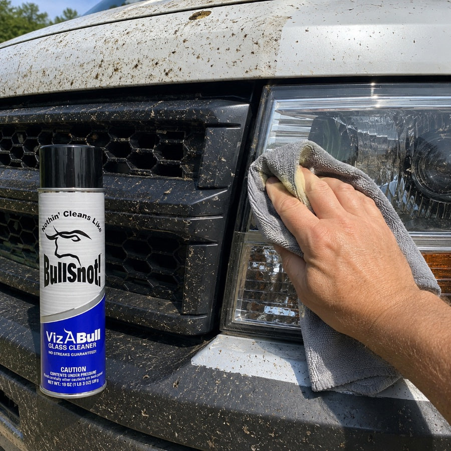 A bug-splattered grille and headlight being wiped clean with VizABull