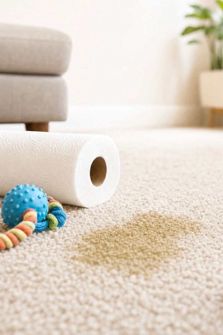 A pet stain set into a living-room carpet, beside a dog toy and a roll of paper towel