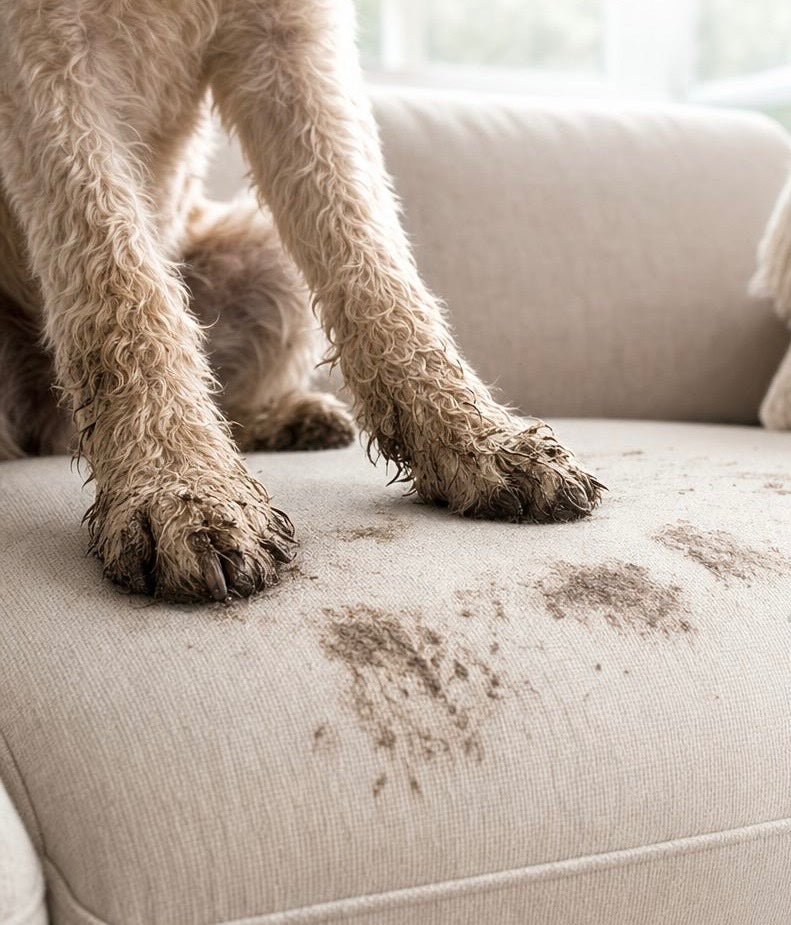 Muddy dog paws pressed into a cream upholstered sofa, leaving prints