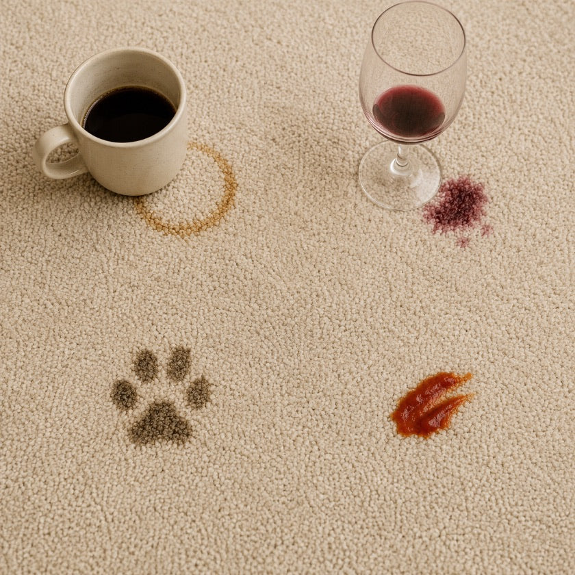 Carpet showing a coffee ring, a red wine stain, a muddy paw print and a ketchup smear