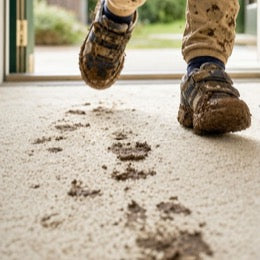 Muddy footprints tracked across a cream carpet