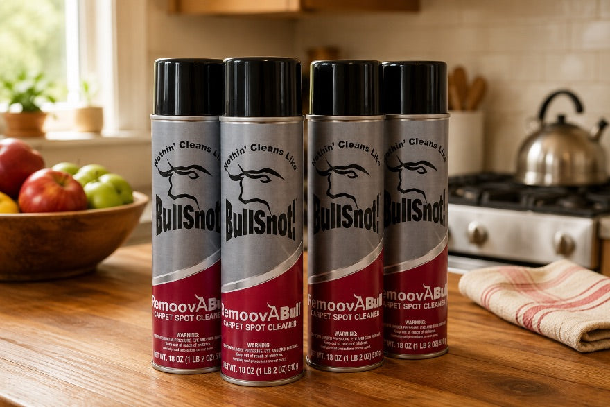 A can of RemoovABull beside a carpet stain, shown before and after